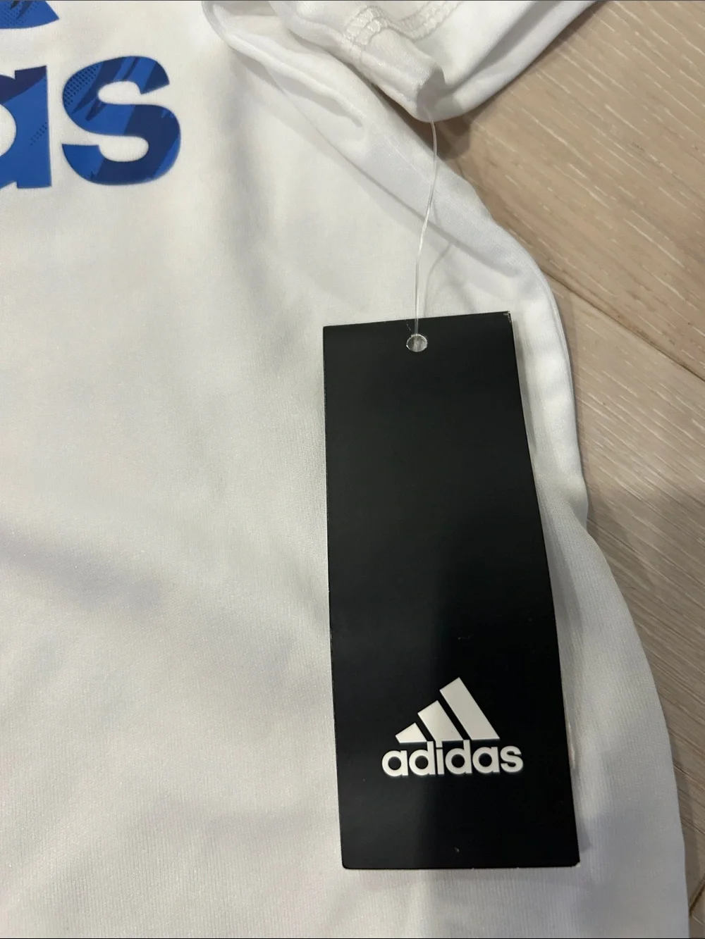 adidas White Tee with Blue Camo Logo and Blue Shorts